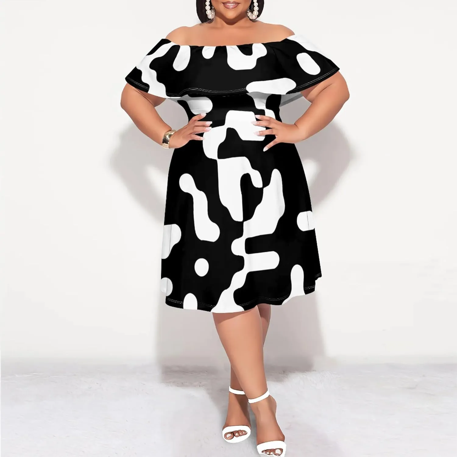 Women's Plus Size Off Shoulder Dress Bohemian Style Pattern Print Cute Mini Dress Summer Off Shoulder Pleated Skirt