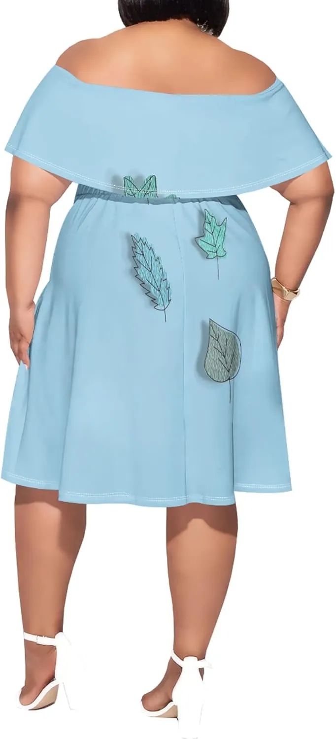 Women's Plus Size Off Shoulder Dress Bohemian Style Pattern Print Cute Mini Dress Summer Off Shoulder Pleated Skirt