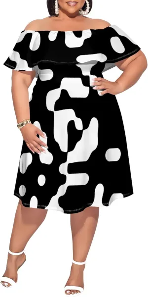 Women's Plus Size Off Shoulder Dress Bohemian Style Pattern Print Cute Mini Dress Summer Off Shoulder Pleated Skirt