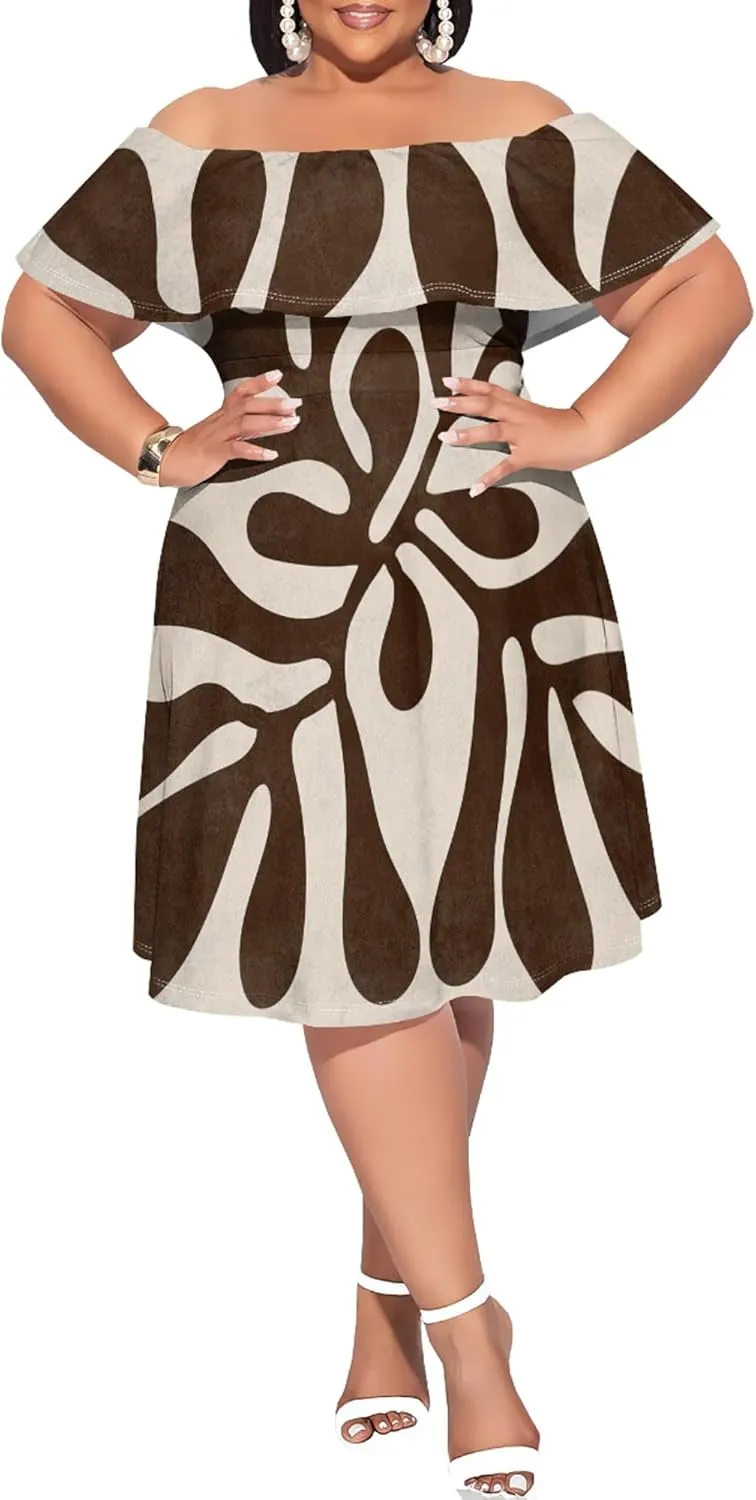 Women's Plus Size Off Shoulder Dress Bohemian Style Pattern Print Cute Mini Dress Summer Off Shoulder Pleated Skirt