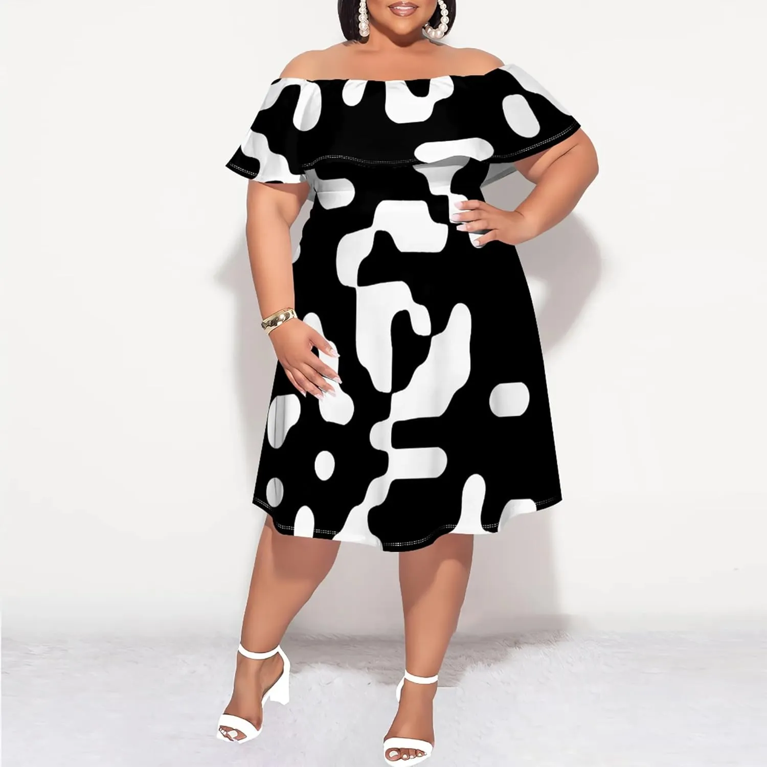 Women's Plus Size Off Shoulder Dress Bohemian Style Pattern Print Cute Mini Dress Summer Off Shoulder Pleated Skirt