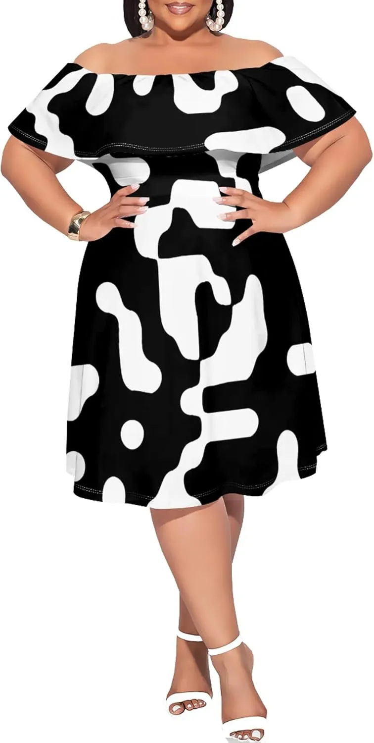 Women's Plus Size Off Shoulder Dress Bohemian Style Pattern Print Cute Mini Dress Summer Off Shoulder Pleated Skirt