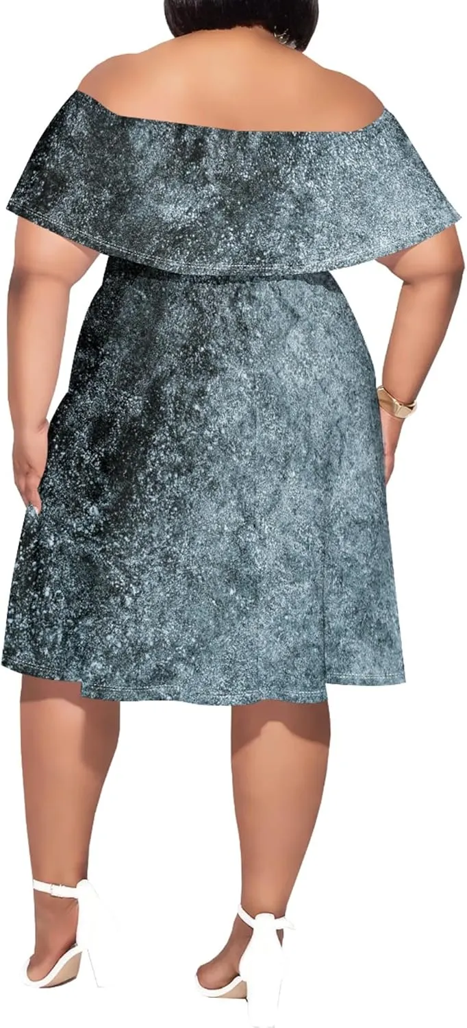 Women's Plus Size Off Shoulder Dress Bohemian Style Pattern Print Cute Mini Dress Summer Off Shoulder Pleated Skirt
