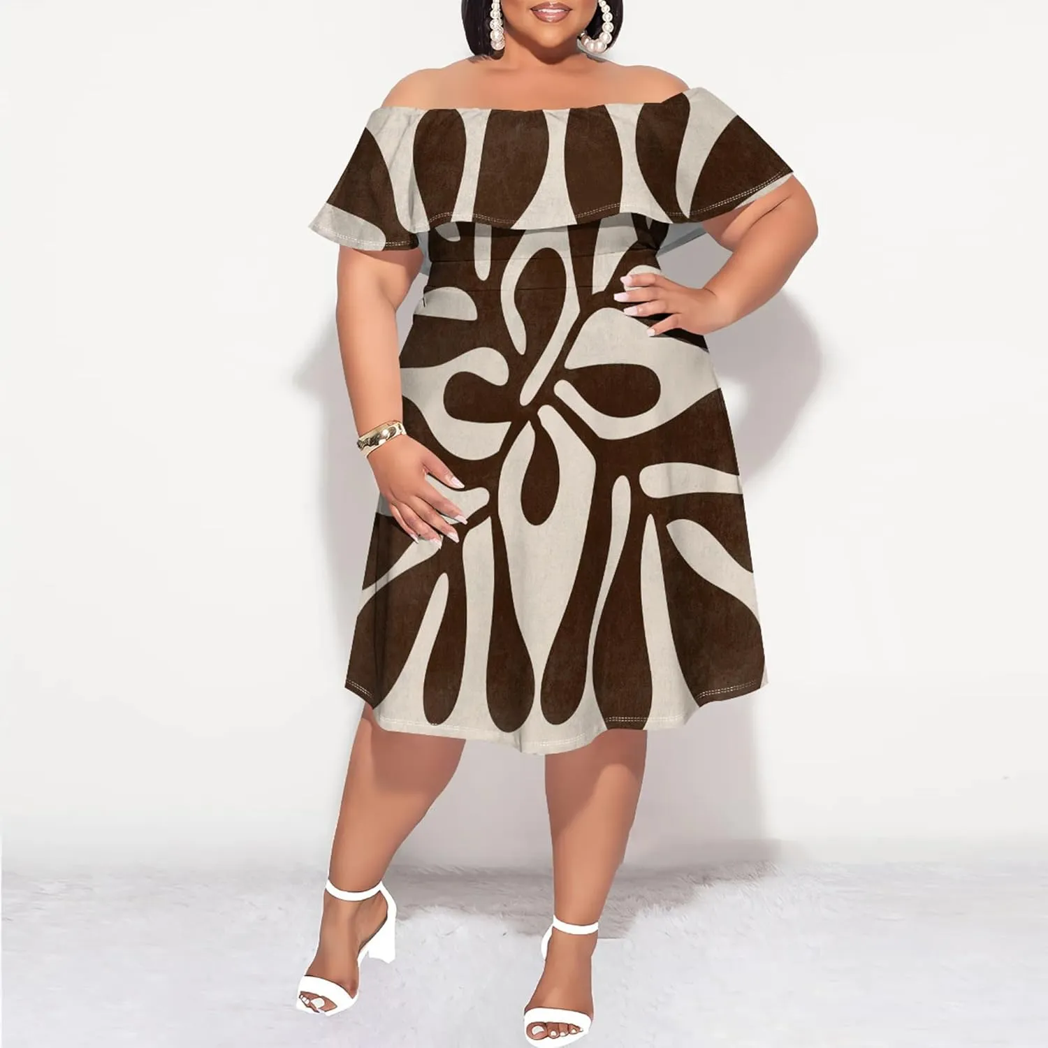 Women's Plus Size Off Shoulder Dress Bohemian Style Pattern Print Cute Mini Dress Summer Off Shoulder Pleated Skirt