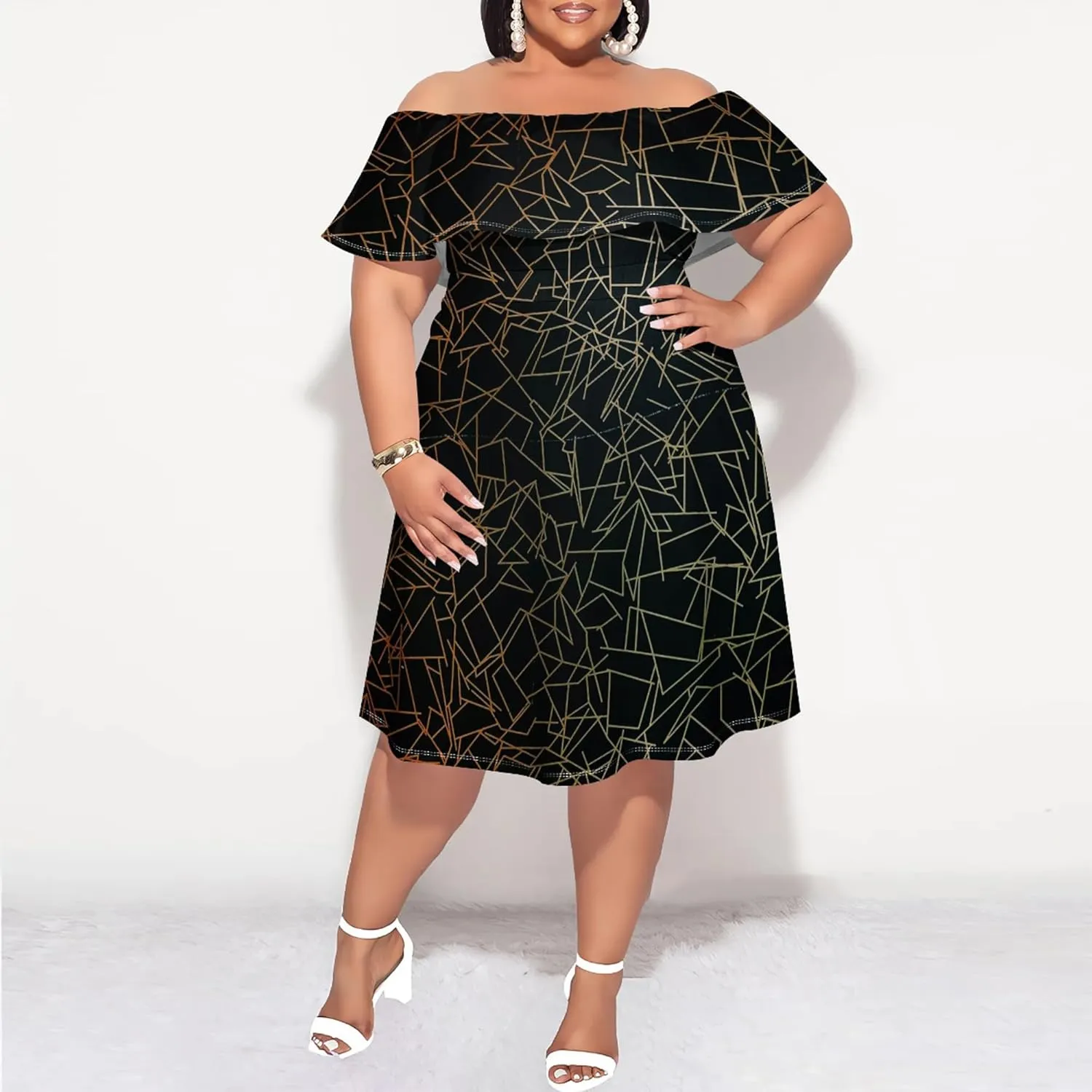 Women's Plus Size Off Shoulder Dress Bohemian Style Pattern Print Cute Mini Dress Summer Off Shoulder Pleated Skirt