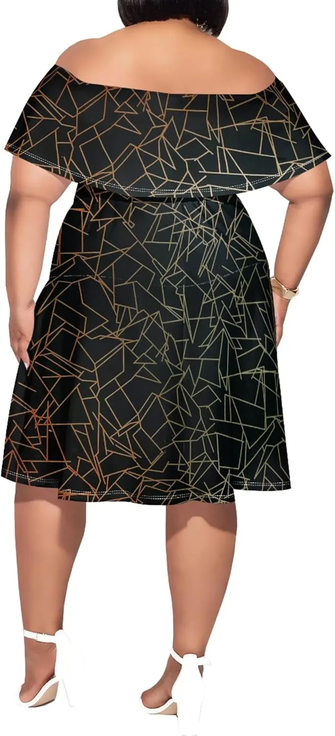 Women's Plus Size Off Shoulder Dress Bohemian Style Pattern Print Cute Mini Dress Summer Off Shoulder Pleated Skirt