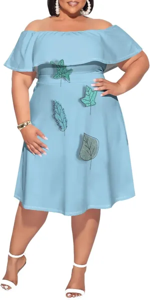 Women's Plus Size Off Shoulder Dress Bohemian Style Pattern Print Cute Mini Dress Summer Off Shoulder Pleated Skirt