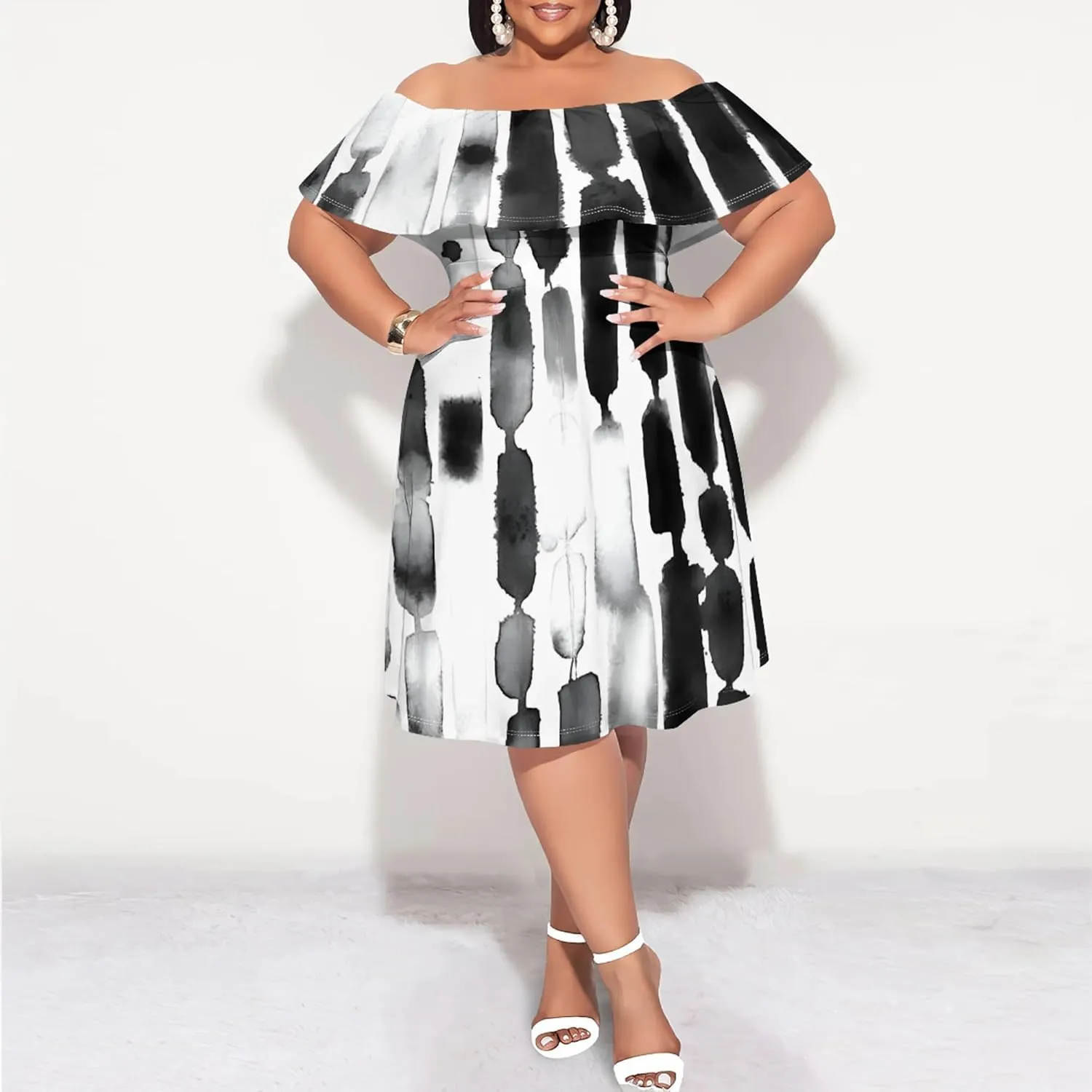 Women's Plus Size Off Shoulder Dress Bohemian Style Pattern Print Cute Mini Dress Summer Off Shoulder Pleated Skirt