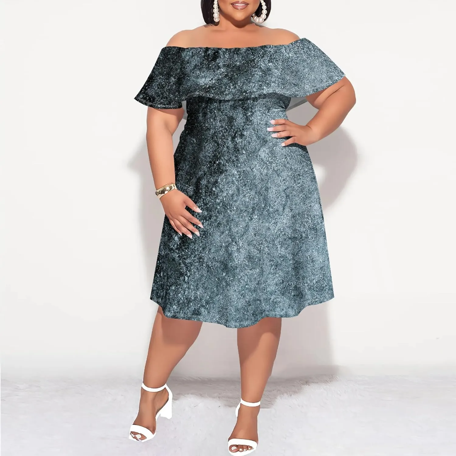 Women's Plus Size Off Shoulder Dress Bohemian Style Pattern Print Cute Mini Dress Summer Off Shoulder Pleated Skirt