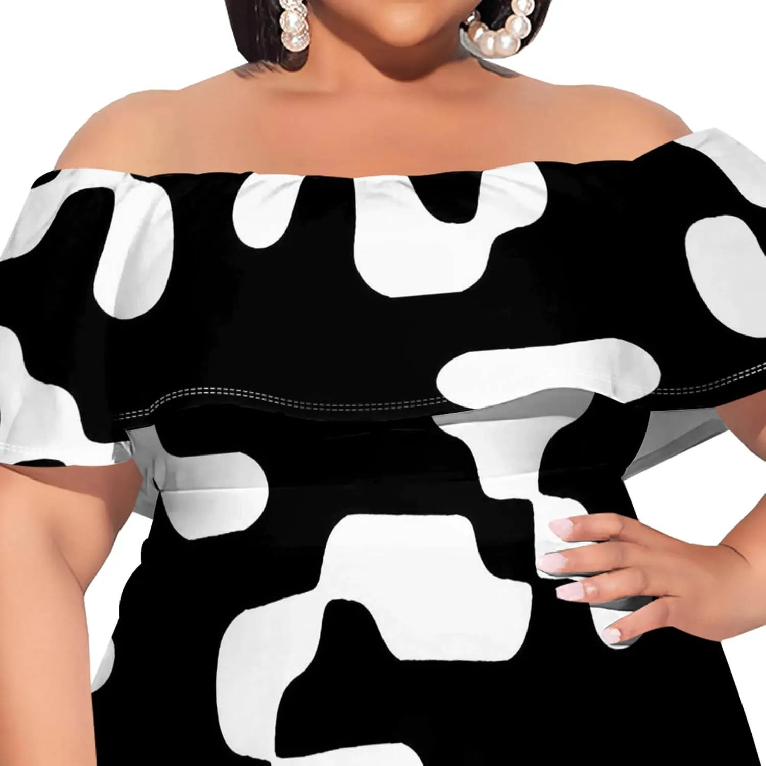 Women's Plus Size Off Shoulder Dress Bohemian Style Pattern Print Cute Mini Dress Summer Off Shoulder Pleated Skirt