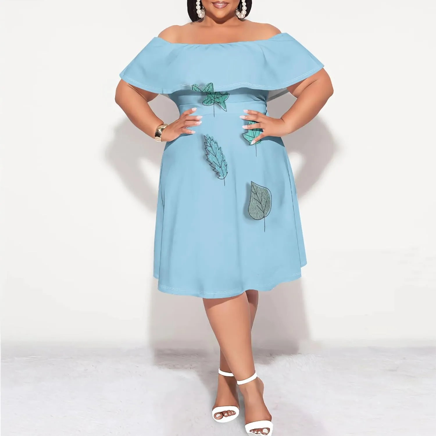 Women's Plus Size Off Shoulder Dress Bohemian Style Pattern Print Cute Mini Dress Summer Off Shoulder Pleated Skirt