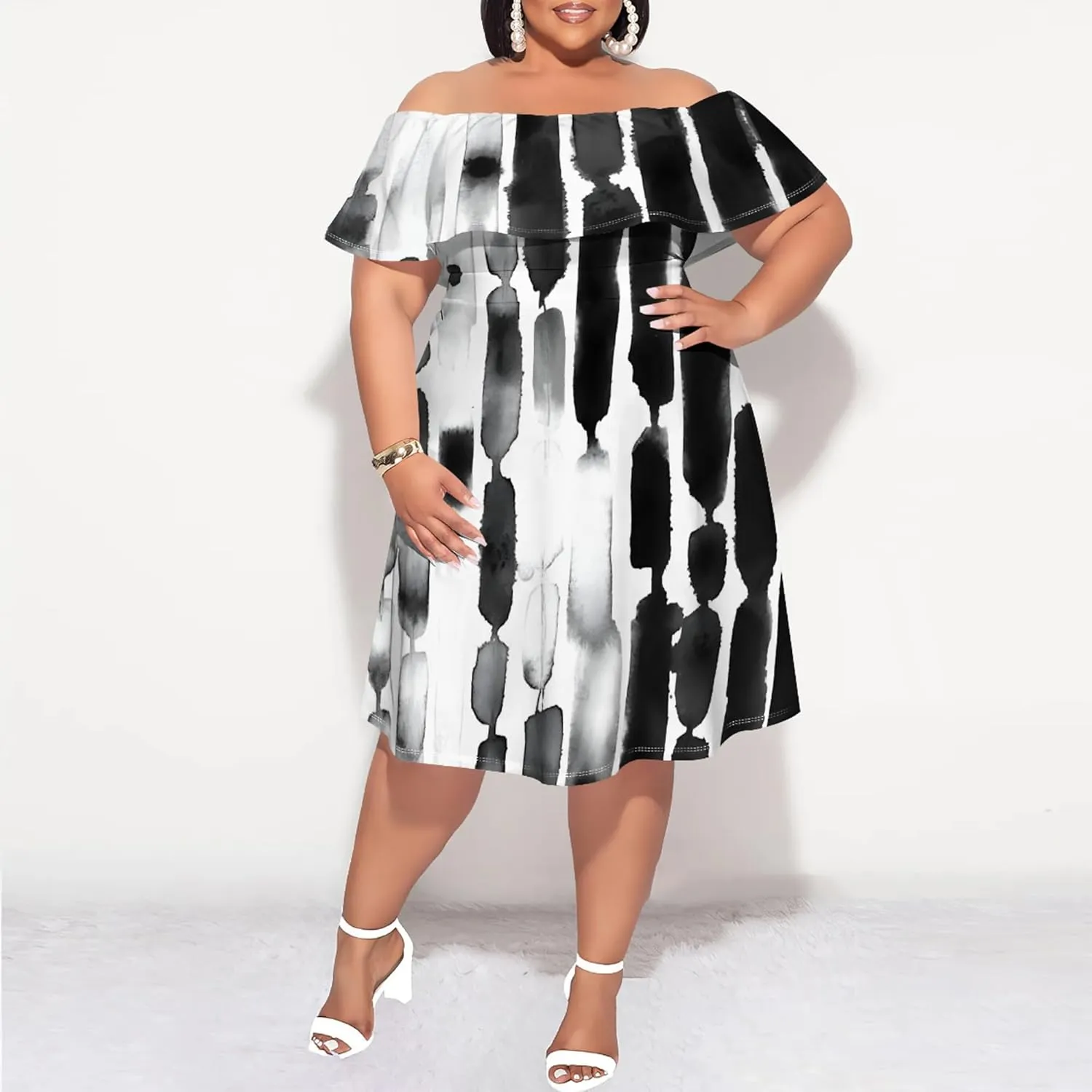 Women's Plus Size Off Shoulder Dress Bohemian Style Pattern Print Cute Mini Dress Summer Off Shoulder Pleated Skirt