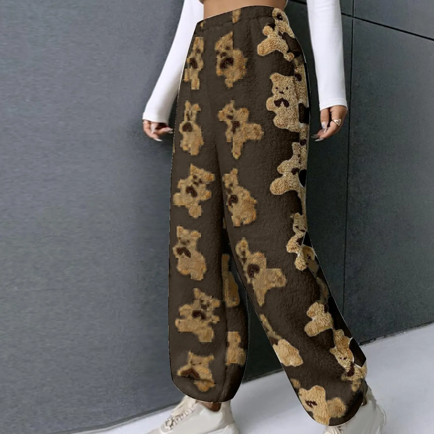 Women's Plush Long Pants Cute Bear Print Fleece Trousers Elastic Waist Fleece Fluffy Sweatpants Baggy Lounge Pants