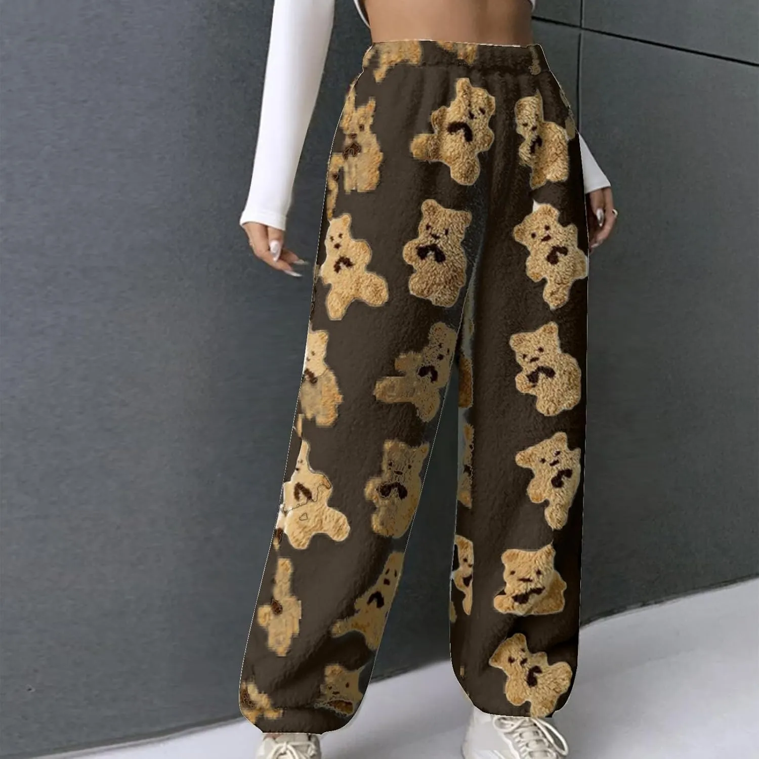 Women's Plush Long Pants Cute Bear Print Fleece Trousers Elastic Waist Fleece Fluffy Sweatpants Baggy Lounge Pants