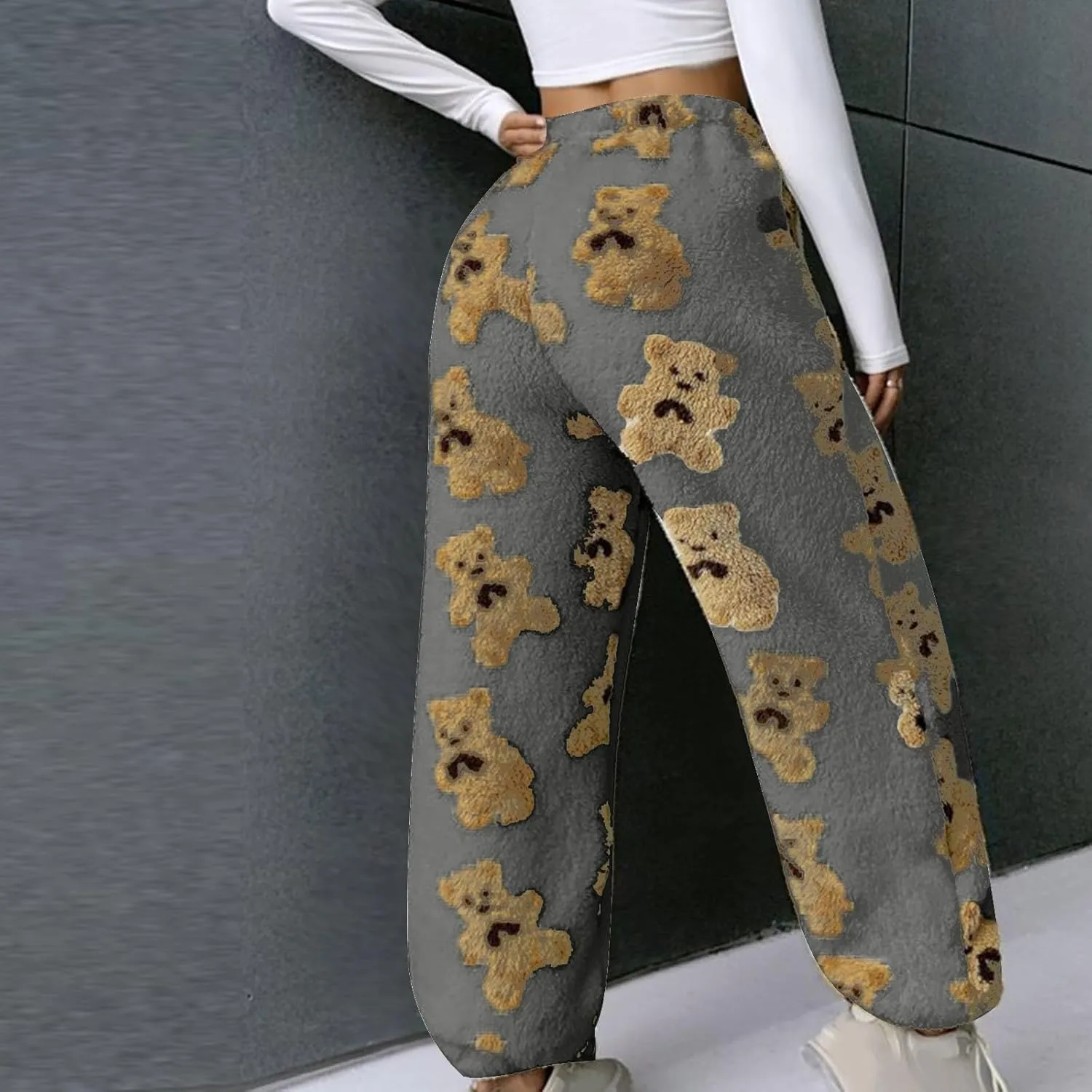Women's Plush Long Pants Cute Bear Print Fleece Trousers Elastic Waist Fleece Fluffy Sweatpants Baggy Lounge Pants
