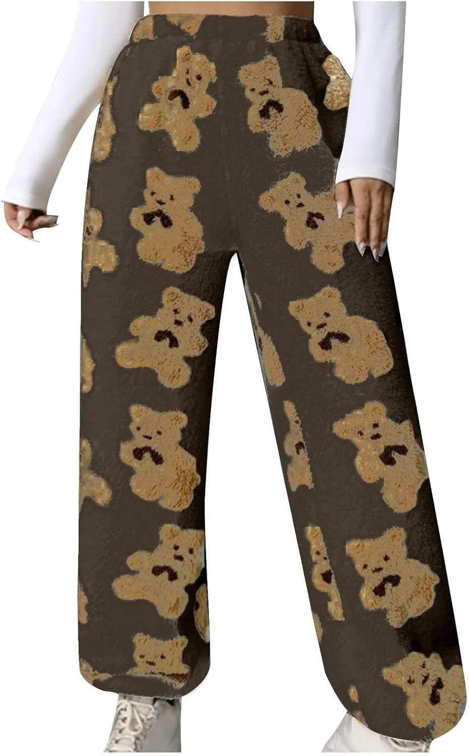 Women's Plush Long Pants Cute Bear Print Fleece Trousers Elastic Waist Fleece Fluffy Sweatpants Baggy Lounge Pants