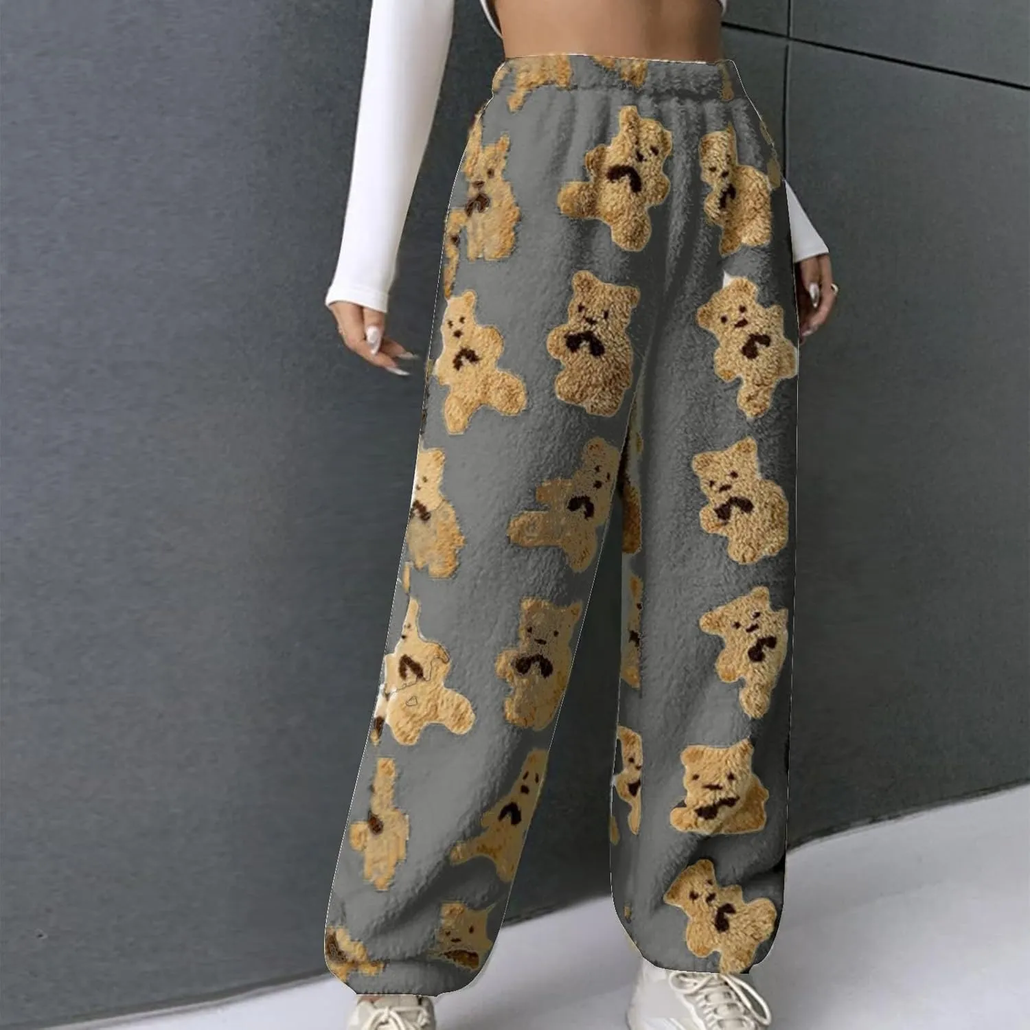 Women's Plush Long Pants Cute Bear Print Fleece Trousers Elastic Waist Fleece Fluffy Sweatpants Baggy Lounge Pants
