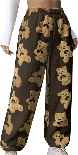 Women's Plush Long Pants Cute Bear Print Fleece Trousers Elastic Waist Fleece Fluffy Sweatpants Baggy Lounge Pants