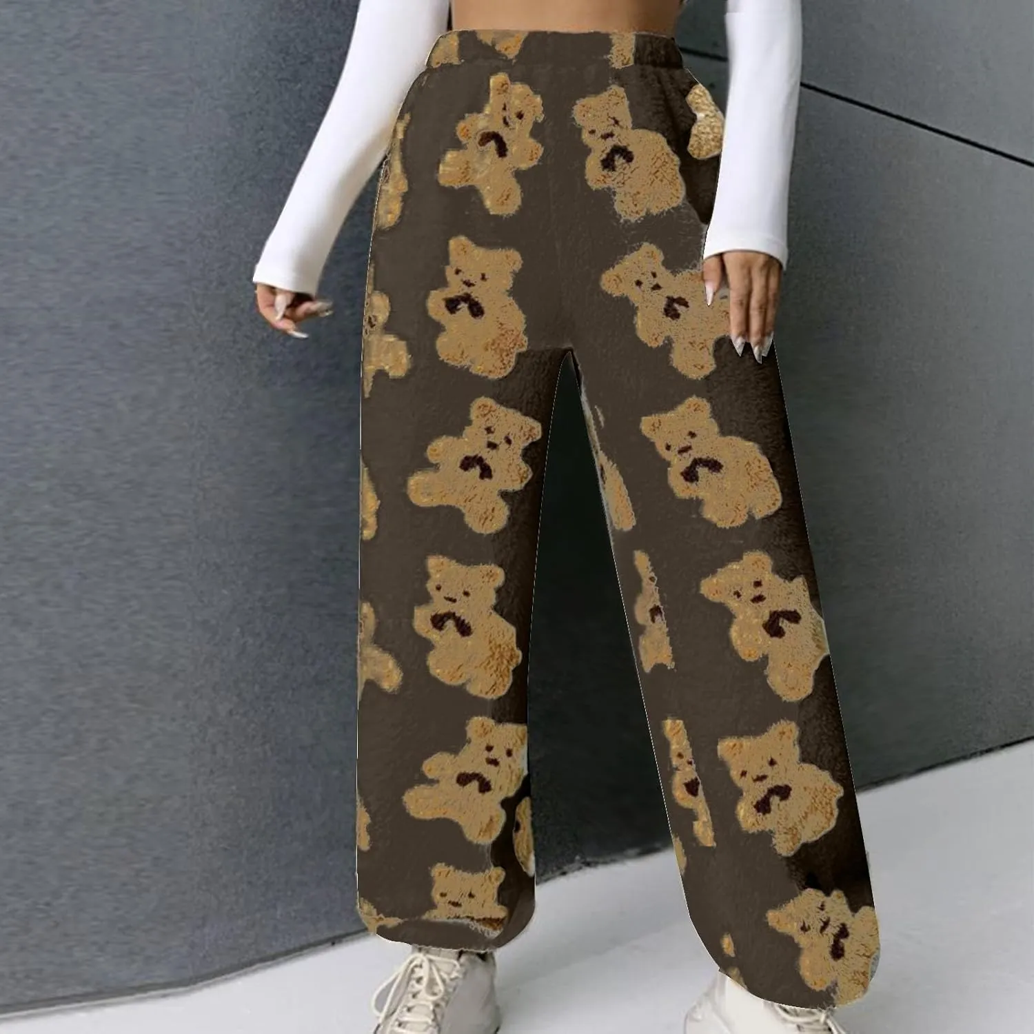Women's Plush Long Pants Cute Bear Print Fleece Trousers Elastic Waist Fleece Fluffy Sweatpants Baggy Lounge Pants