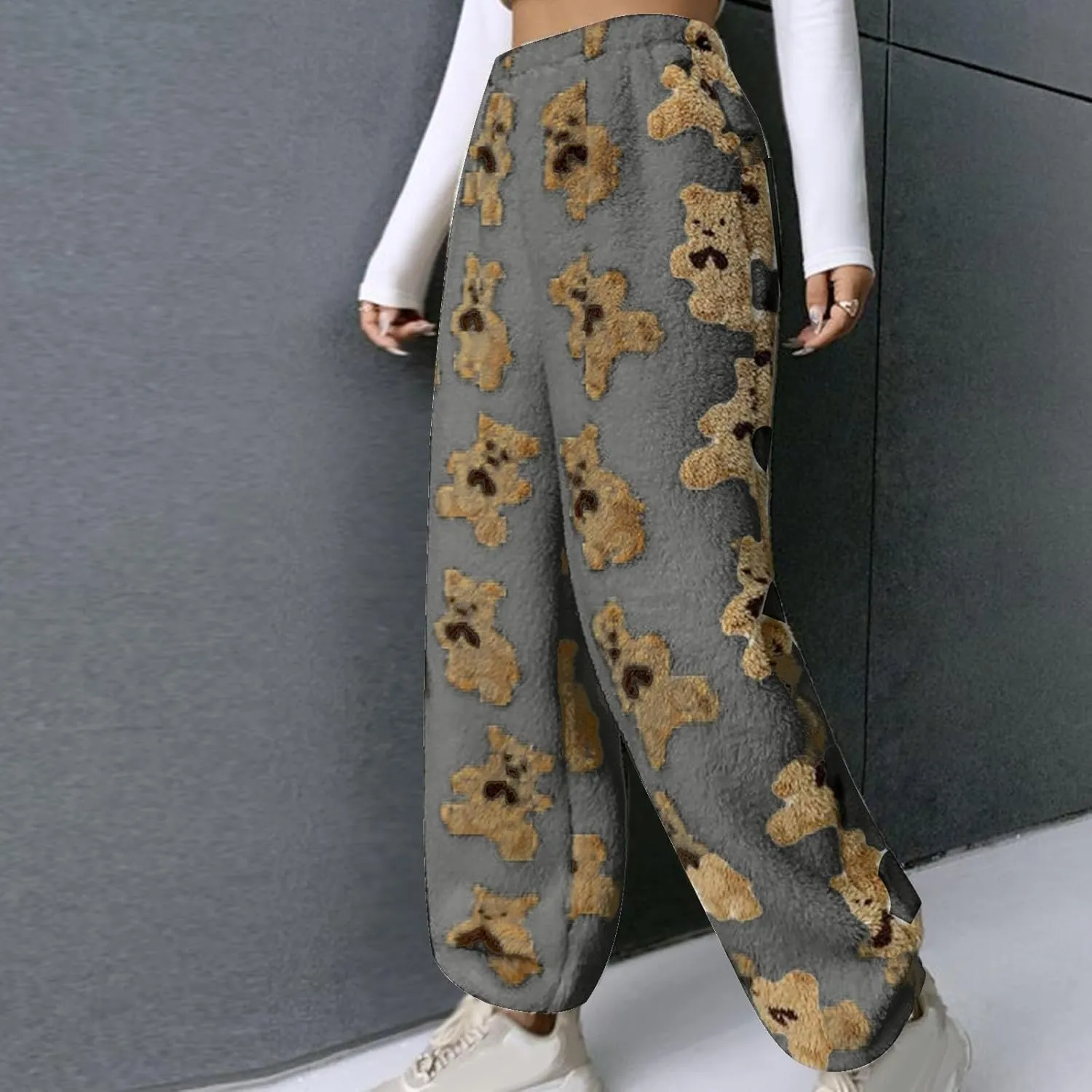 Women's Plush Long Pants Cute Bear Print Fleece Trousers Elastic Waist Fleece Fluffy Sweatpants Baggy Lounge Pants