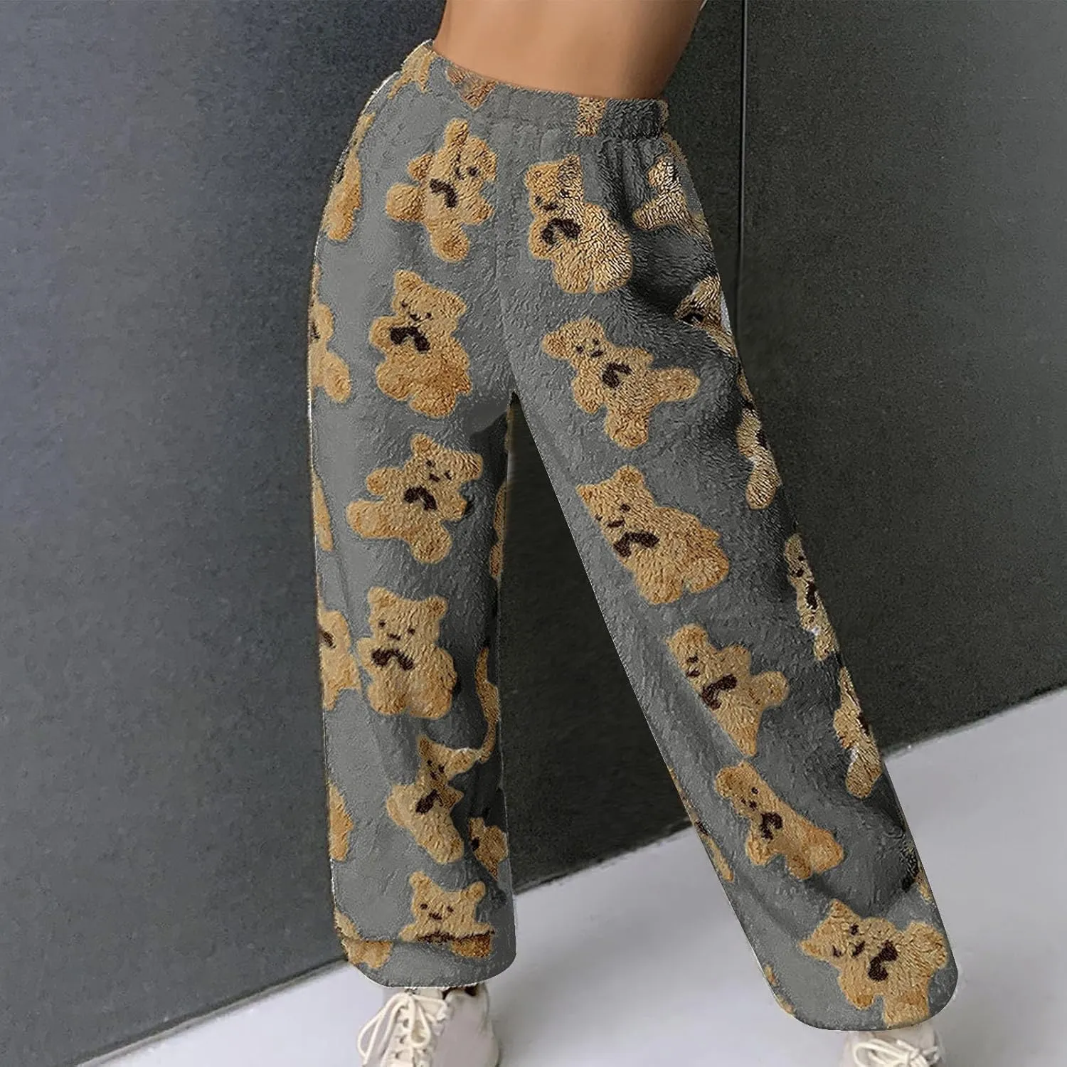 Women's Plush Long Pants Cute Bear Print Fleece Trousers Elastic Waist Fleece Fluffy Sweatpants Baggy Lounge Pants
