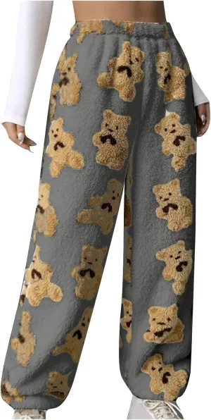 Women's Plush Long Pants Cute Bear Print Fleece Trousers Elastic Waist Fleece Fluffy Sweatpants Baggy Lounge Pants