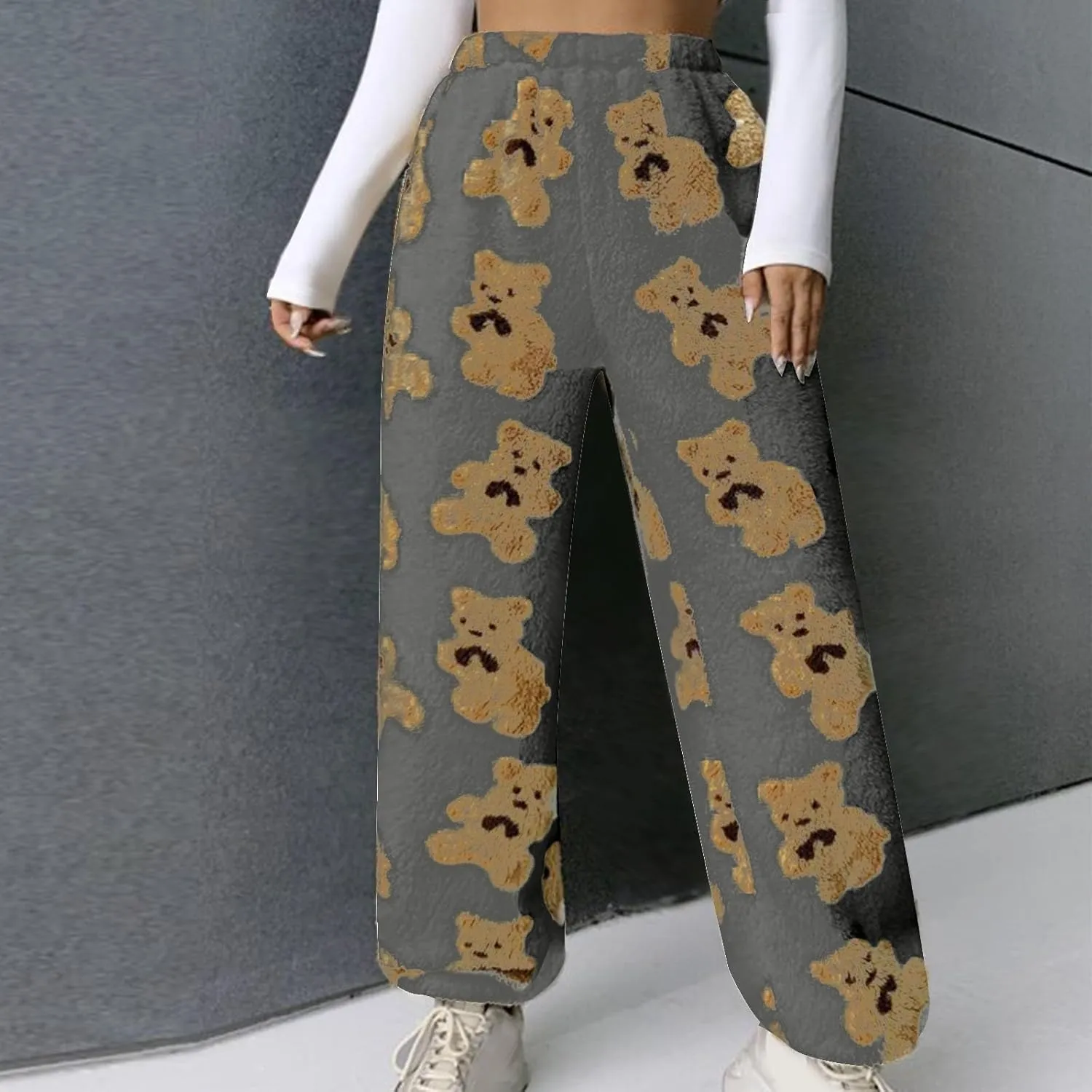 Women's Plush Long Pants Cute Bear Print Fleece Trousers Elastic Waist Fleece Fluffy Sweatpants Baggy Lounge Pants