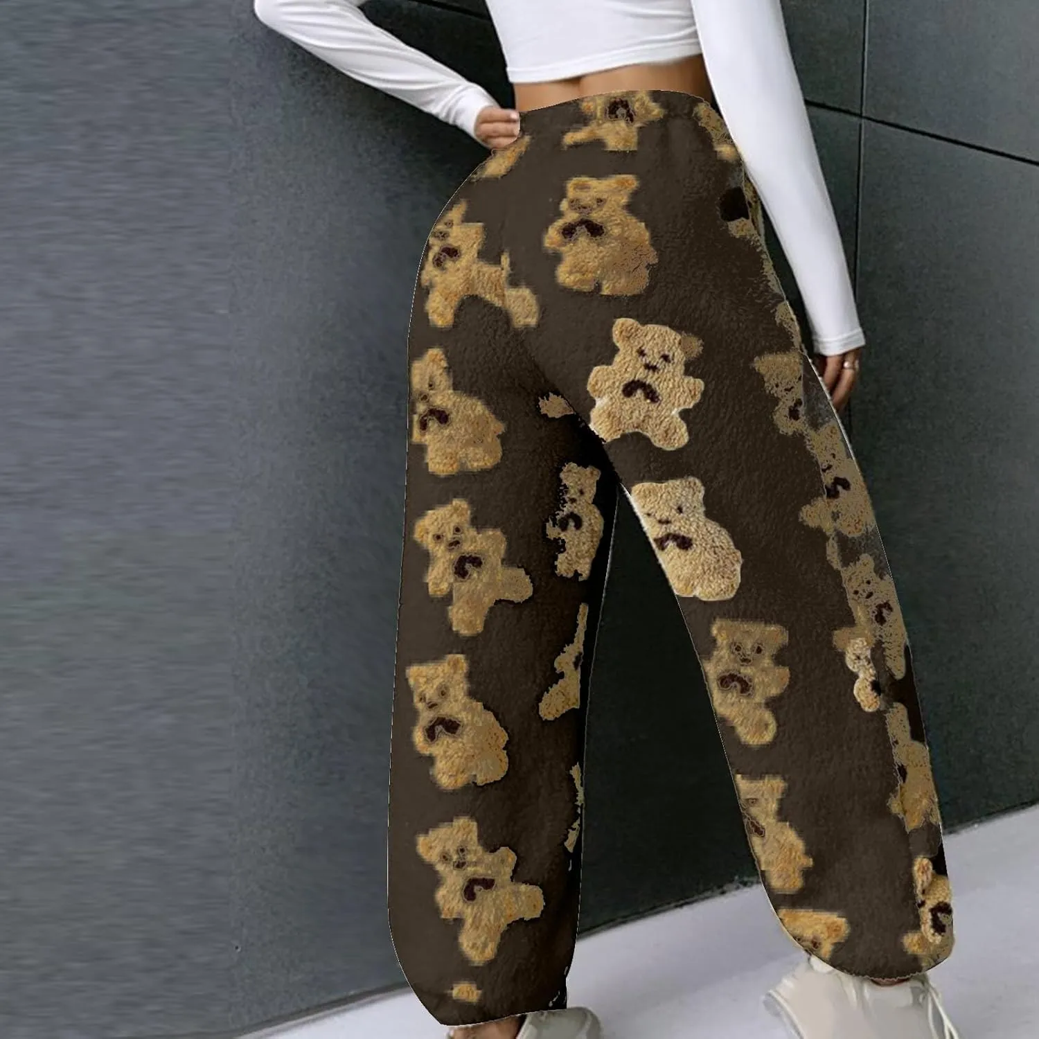 Women's Plush Long Pants Cute Bear Print Fleece Trousers Elastic Waist Fleece Fluffy Sweatpants Baggy Lounge Pants