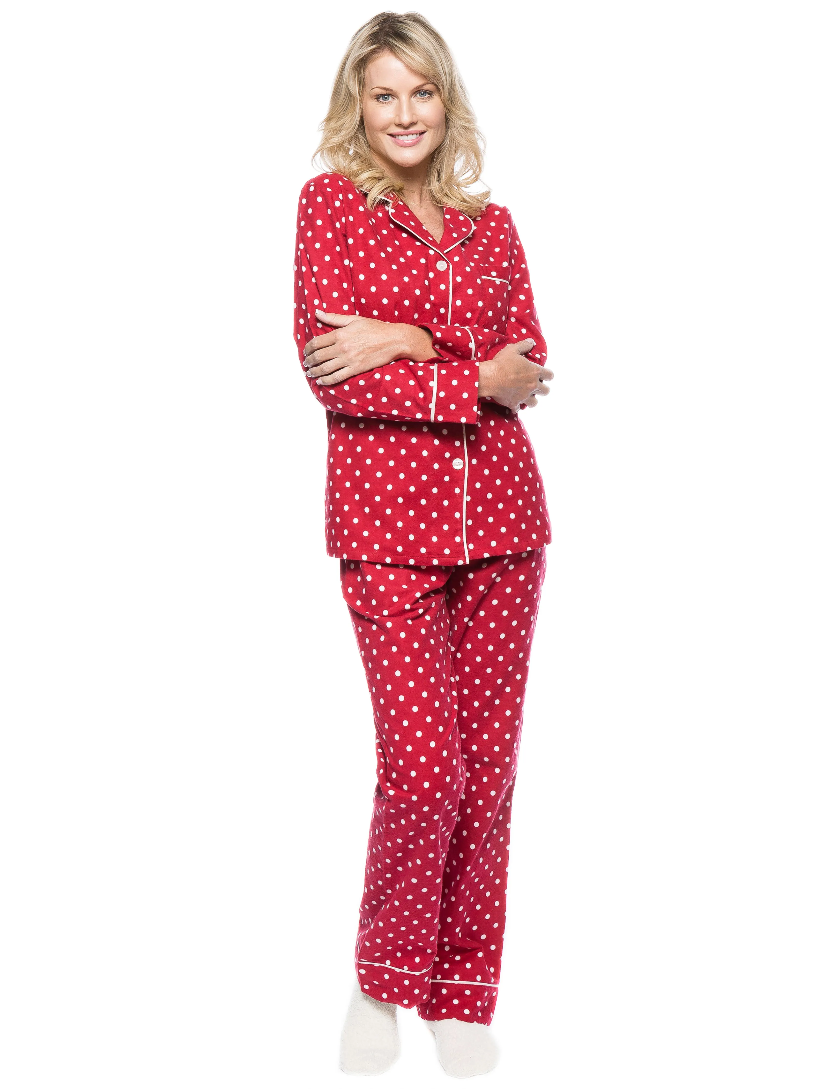 Womens Premium 100% Cotton Flannel Pajama Sleepwear Set - Dots Diva Red-White
