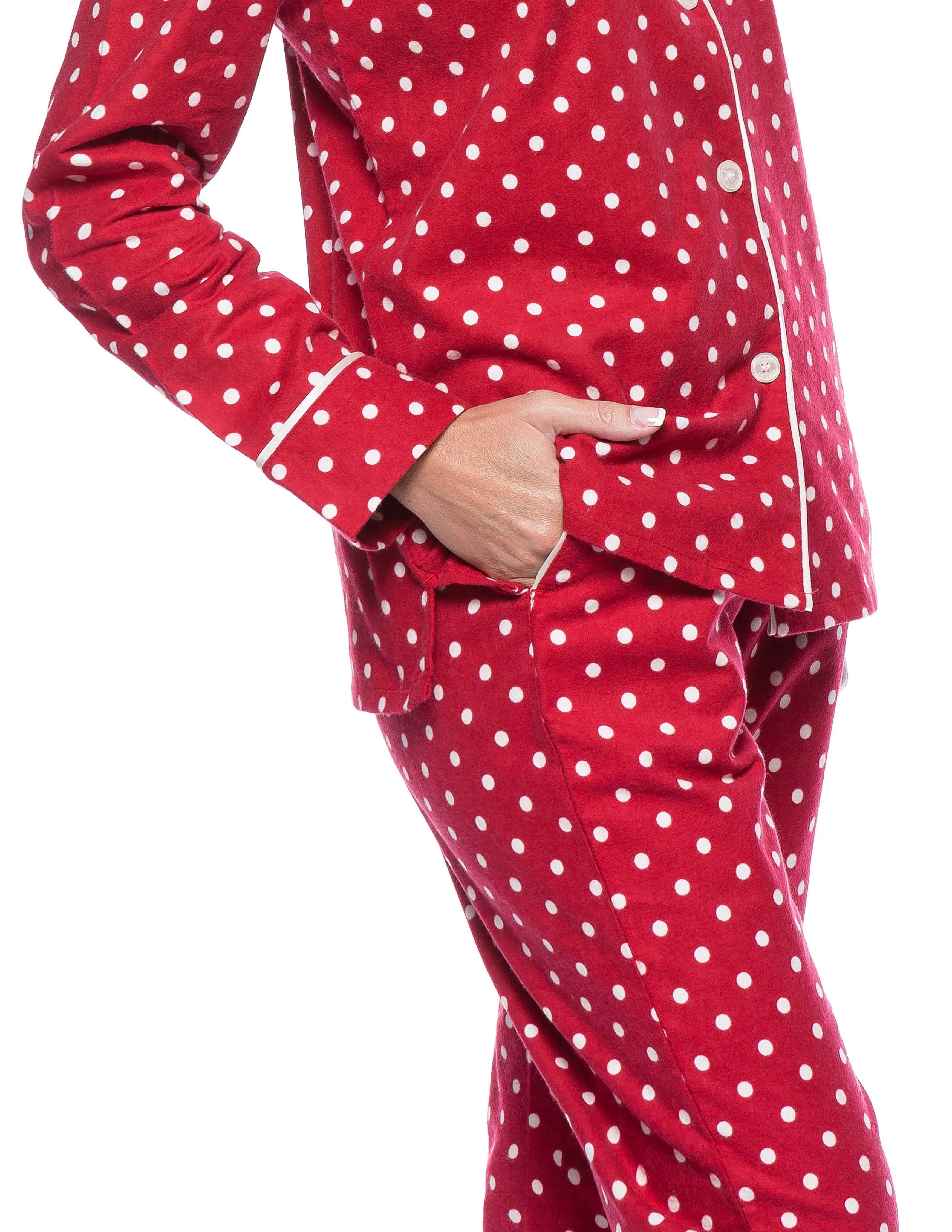 Womens Premium 100% Cotton Flannel Pajama Sleepwear Set - Dots Diva Red-White