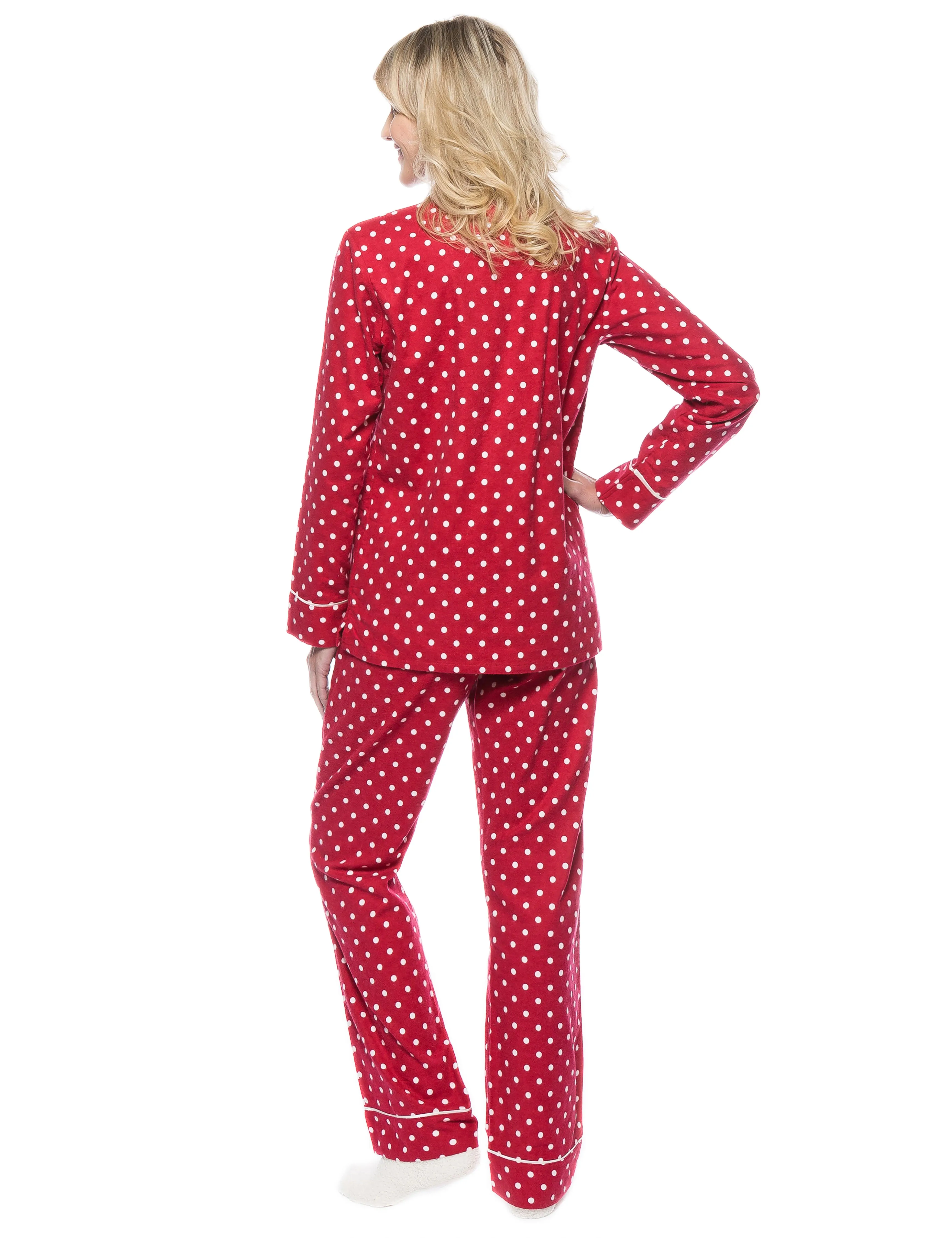 Womens Premium 100% Cotton Flannel Pajama Sleepwear Set - Dots Diva Red-White
