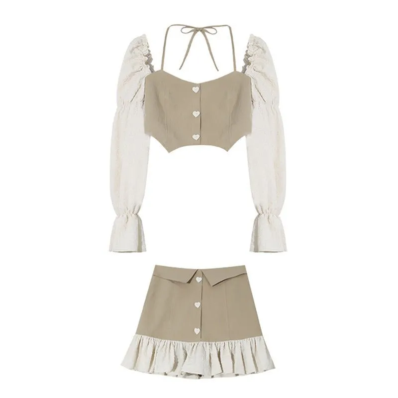 Women's Puff Sleeve Halter Top A-Line Skirt Two Piece Set