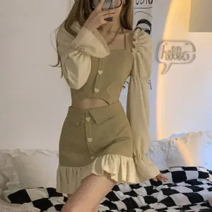 Women's Puff Sleeve Halter Top A-Line Skirt Two Piece Set
