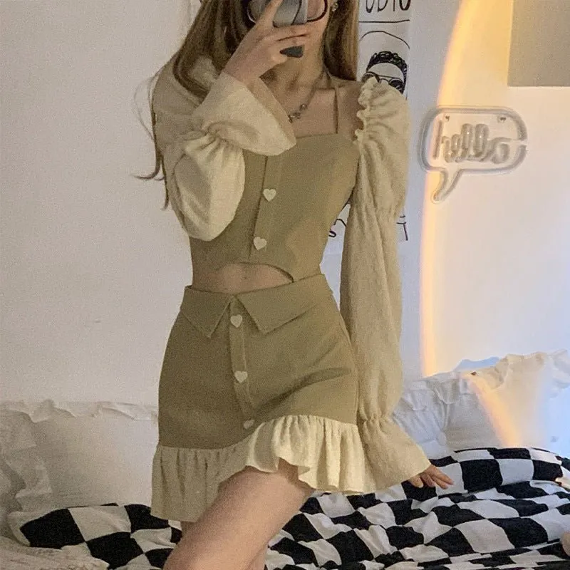 Women's Puff Sleeve Halter Top A-Line Skirt Two Piece Set