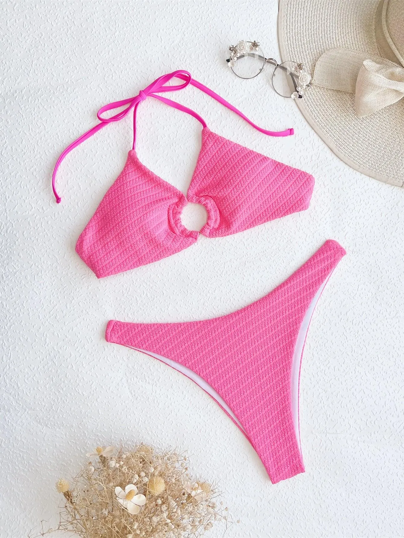 Women's Rose Red Jacquard Bikini Set - Designer Swimwear for Beach