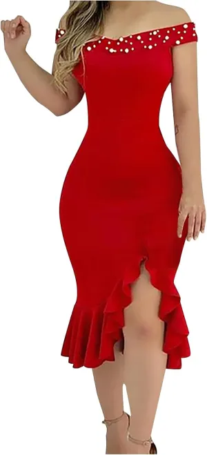 Womens Ruched One Shoulder Bodycon Midi Dress Sexy Sleeveless Cocktail Party Pencil Dresses