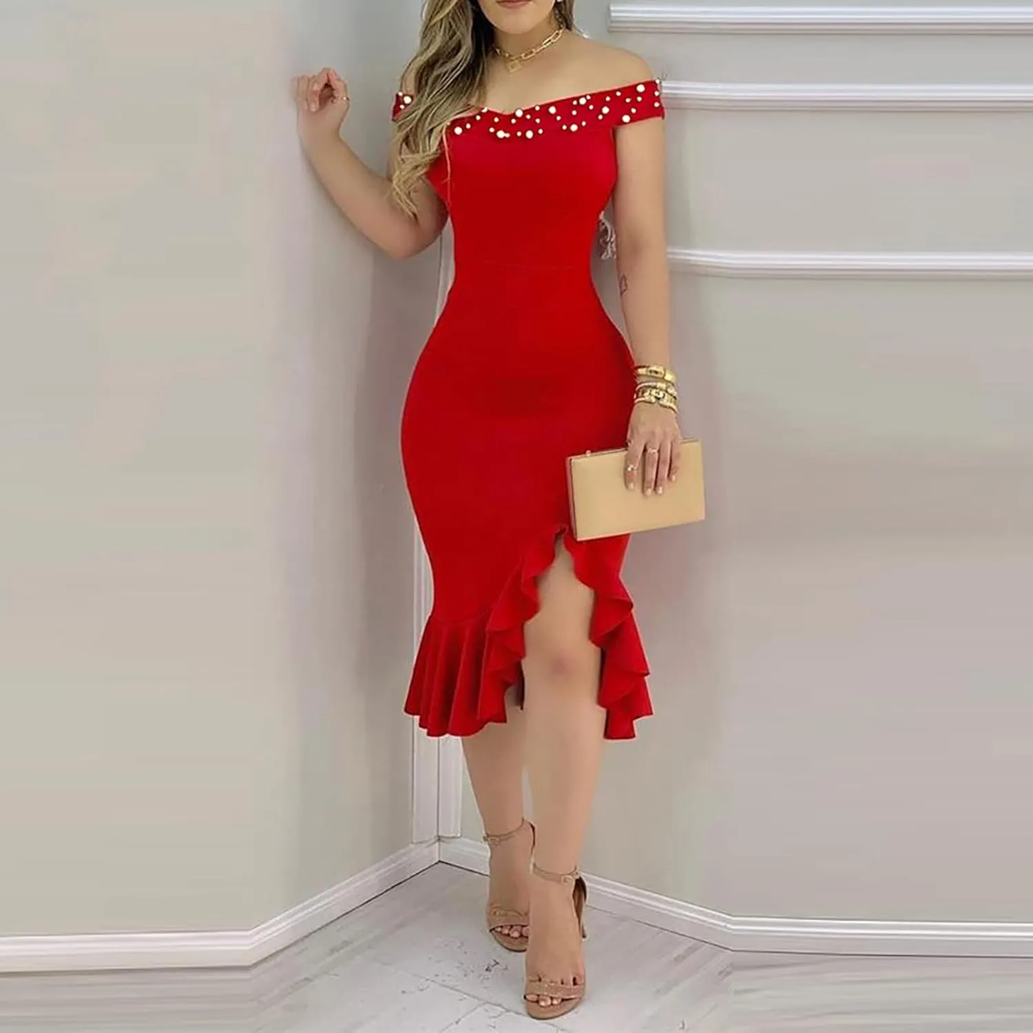 Womens Ruched One Shoulder Bodycon Midi Dress Sexy Sleeveless Cocktail Party Pencil Dresses