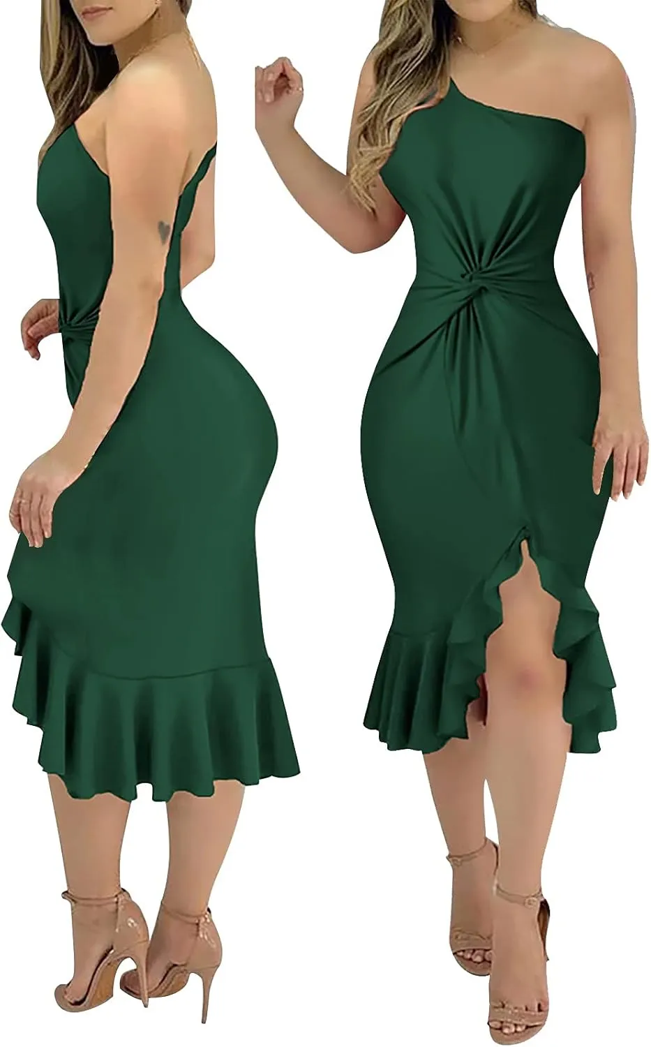 Womens Ruched One Shoulder Bodycon Midi Dress Sexy Sleeveless Cocktail Party Pencil Dresses