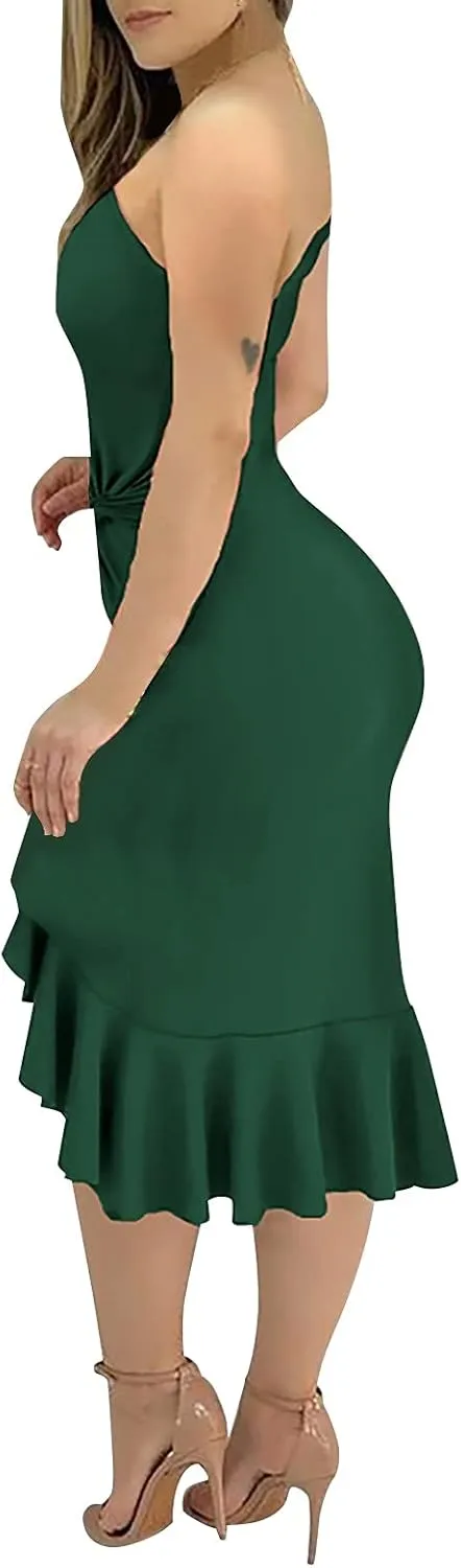 Womens Ruched One Shoulder Bodycon Midi Dress Sexy Sleeveless Cocktail Party Pencil Dresses