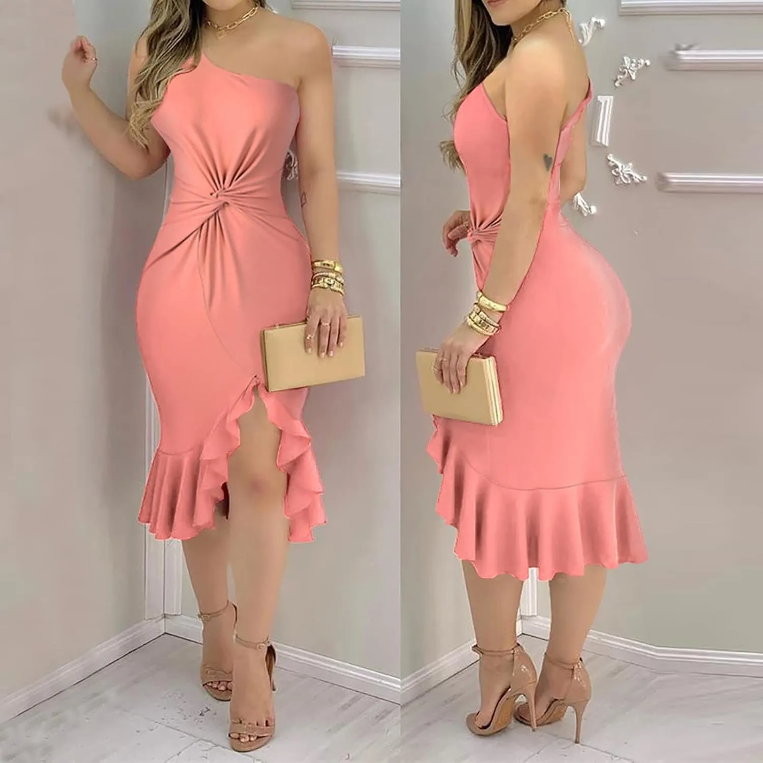 Womens Ruched One Shoulder Bodycon Midi Dress Sexy Sleeveless Cocktail Party Pencil Dresses
