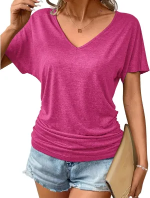 Womens Ruched Tops Versatile Casual Short/Cap Sleeve Dolman Top Casual Summer Tunic Shirts Fashion Business Blouses