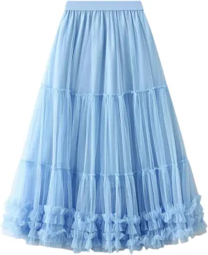 Women's Ruffle Mesh A-Line Tulle Skirt Korean Casual Folds Long Skirts
