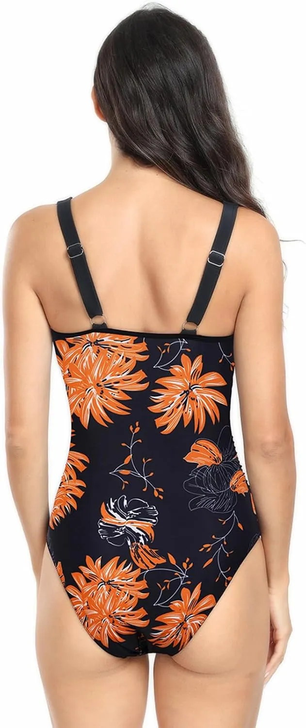 Women's Ruffle One Piece Swimsuit Floral Print V Neck Tummy Control Bathing Suit Cutout Backless Swimwear Beachwear