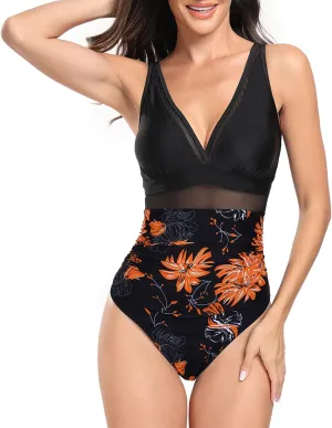 Women's Ruffle One Piece Swimsuit Floral Print V Neck Tummy Control Bathing Suit Cutout Backless Swimwear Beachwear