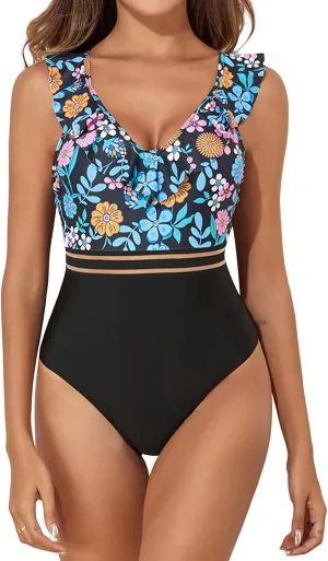 Women's Ruffle One Piece Swimsuit Floral Print V Neck Tummy Control Bathing Suit Cutout Backless Swimwear Beachwear