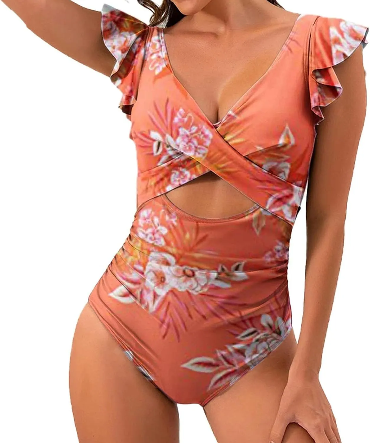 Women's Ruffled One Piece Swimsuits Cross V-Neck Backless Swimwear Tummy Control Cutout High Waisted Bathing Suit