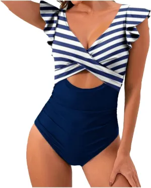 Women's Ruffled One Piece Swimsuits Cross V-Neck Backless Swimwear Tummy Control Cutout High Waisted Bathing Suit