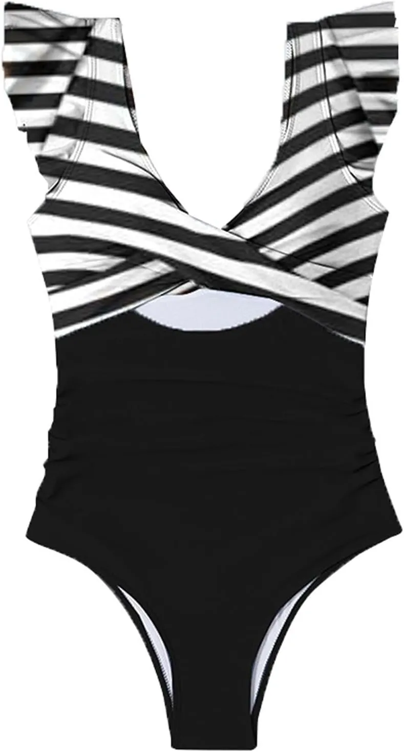 Women's Ruffled One Piece Swimsuits Cross V-Neck Backless Swimwear Tummy Control Cutout High Waisted Bathing Suit