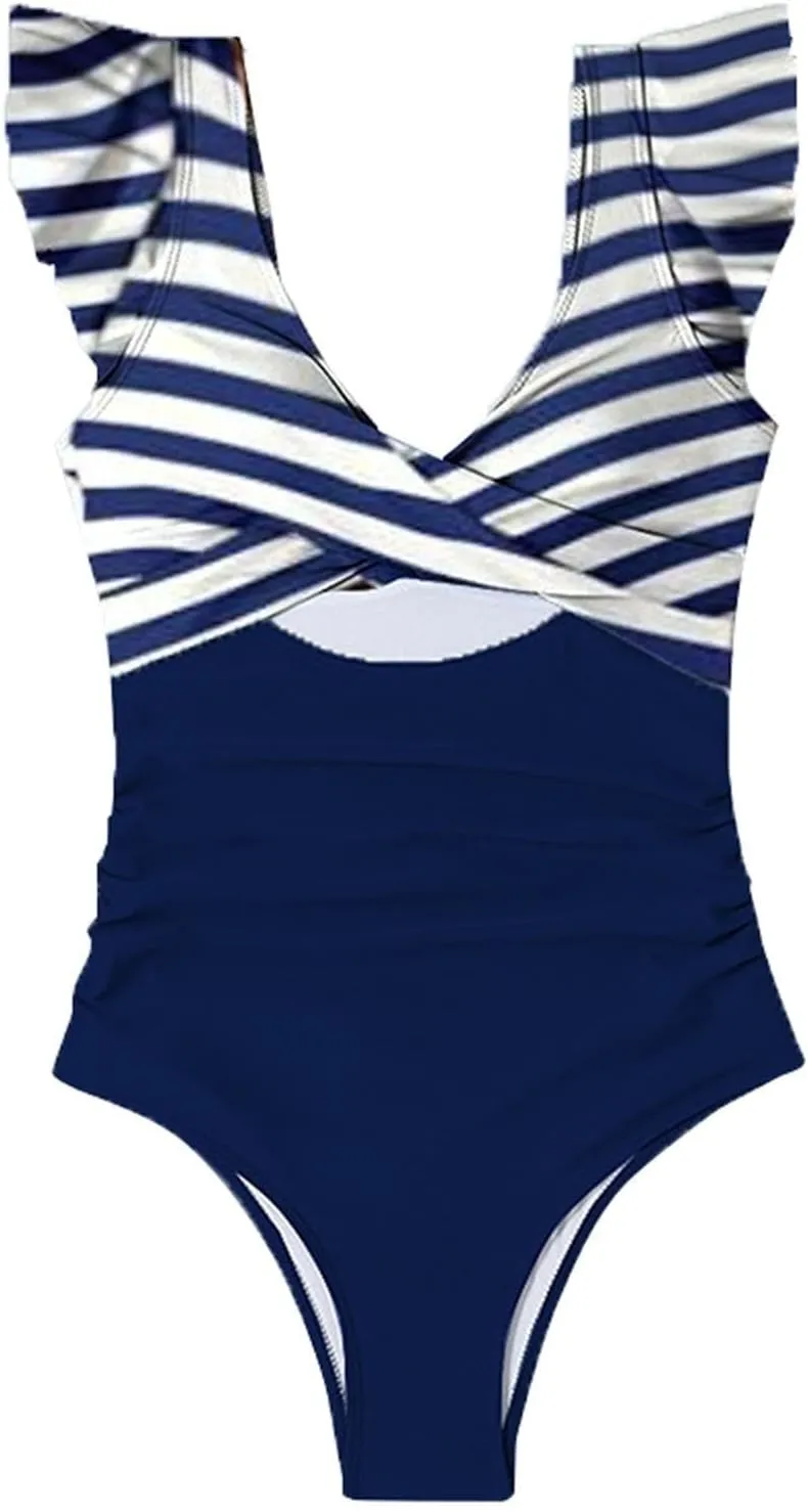 Women's Ruffled One Piece Swimsuits Cross V-Neck Backless Swimwear Tummy Control Cutout High Waisted Bathing Suit