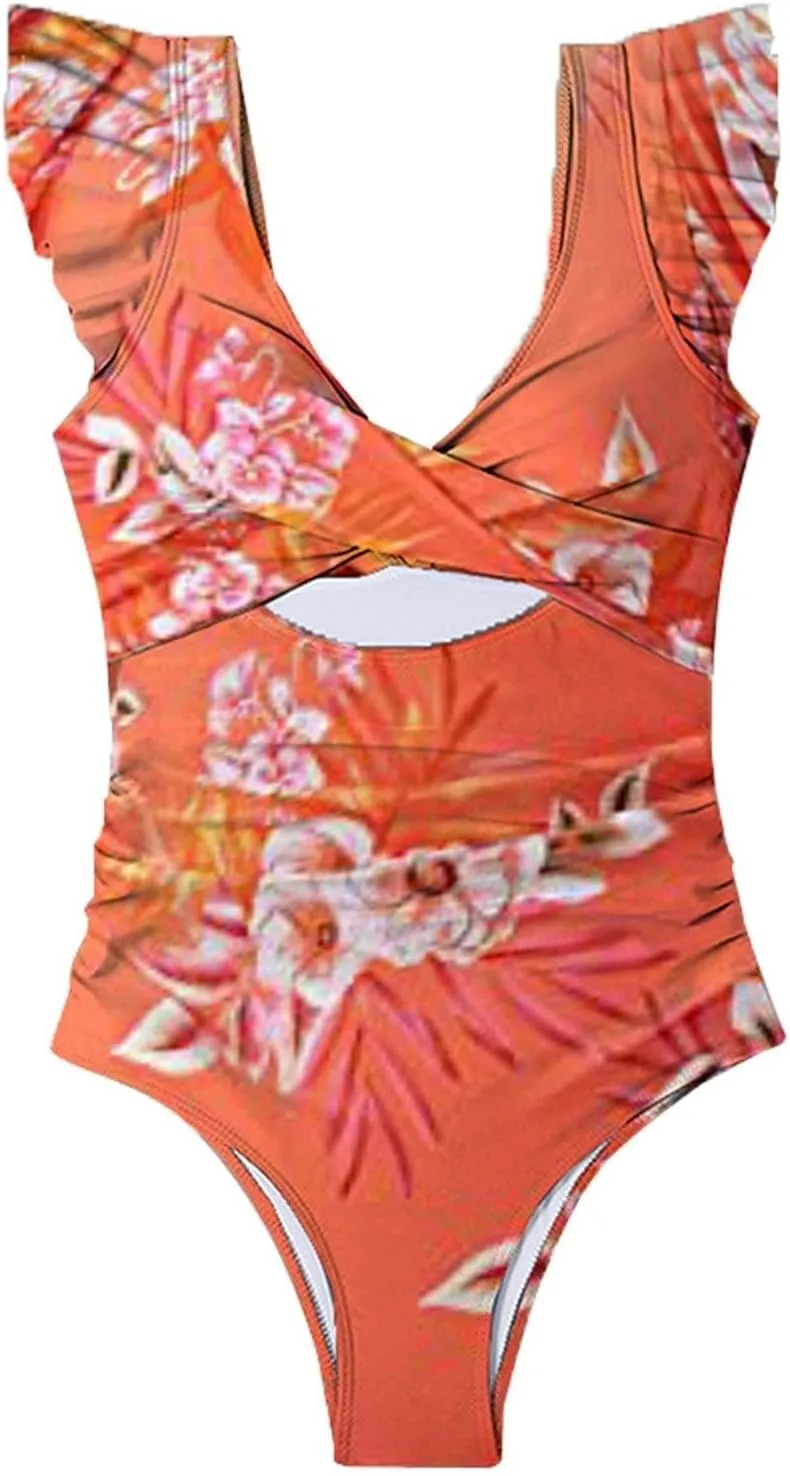 Women's Ruffled One Piece Swimsuits Cross V-Neck Backless Swimwear Tummy Control Cutout High Waisted Bathing Suit